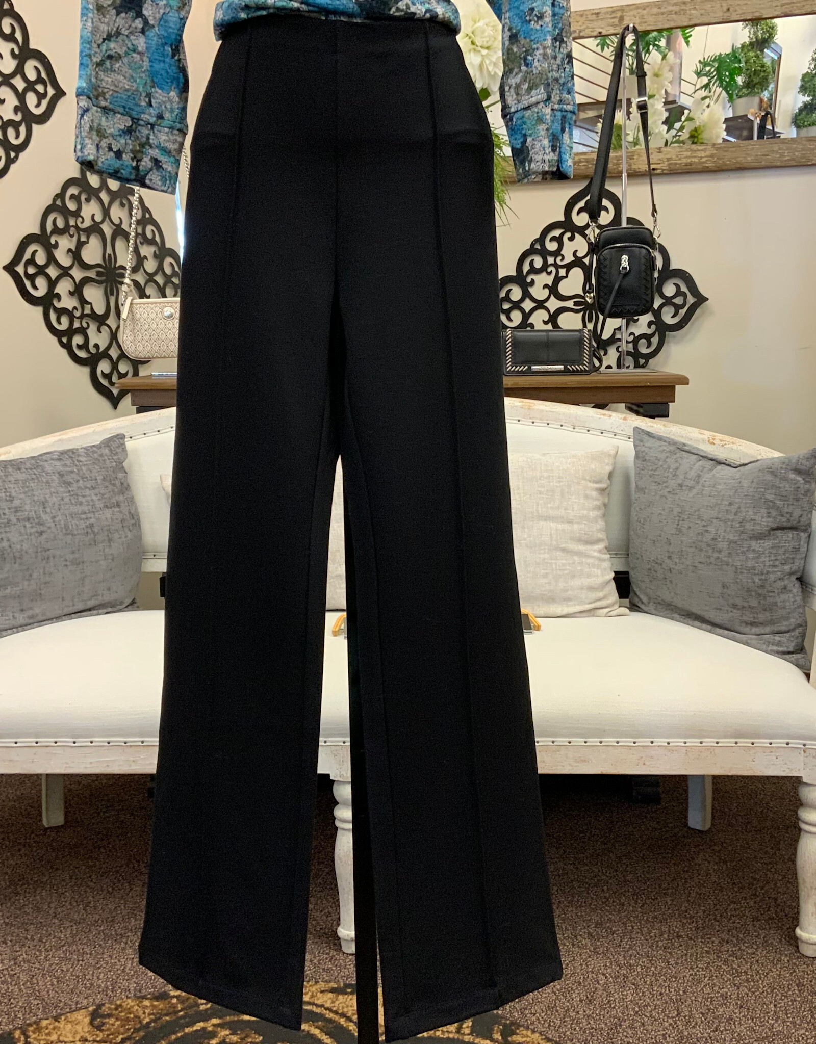 Multiples Multiples  Black Elastic No Waist Pintuck Flare Leg Ankle Pant AC