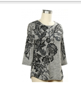 L.Hamrick L.Hamrick  Petite  Grey/Black 3/4 Slv Crew Neck Top BH