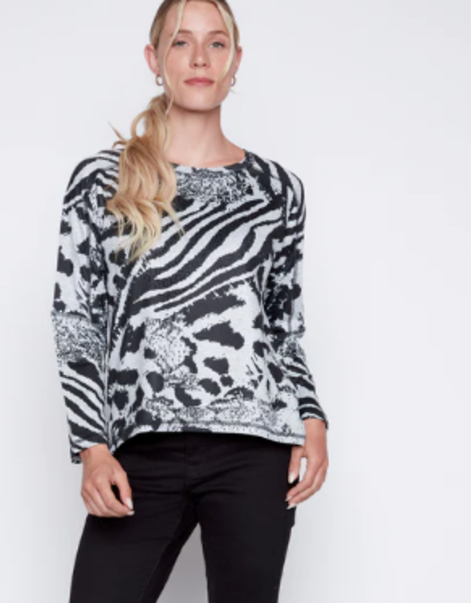 Picadilly PICADILLY  Grey/Black Print Round Neck L/S Top AL