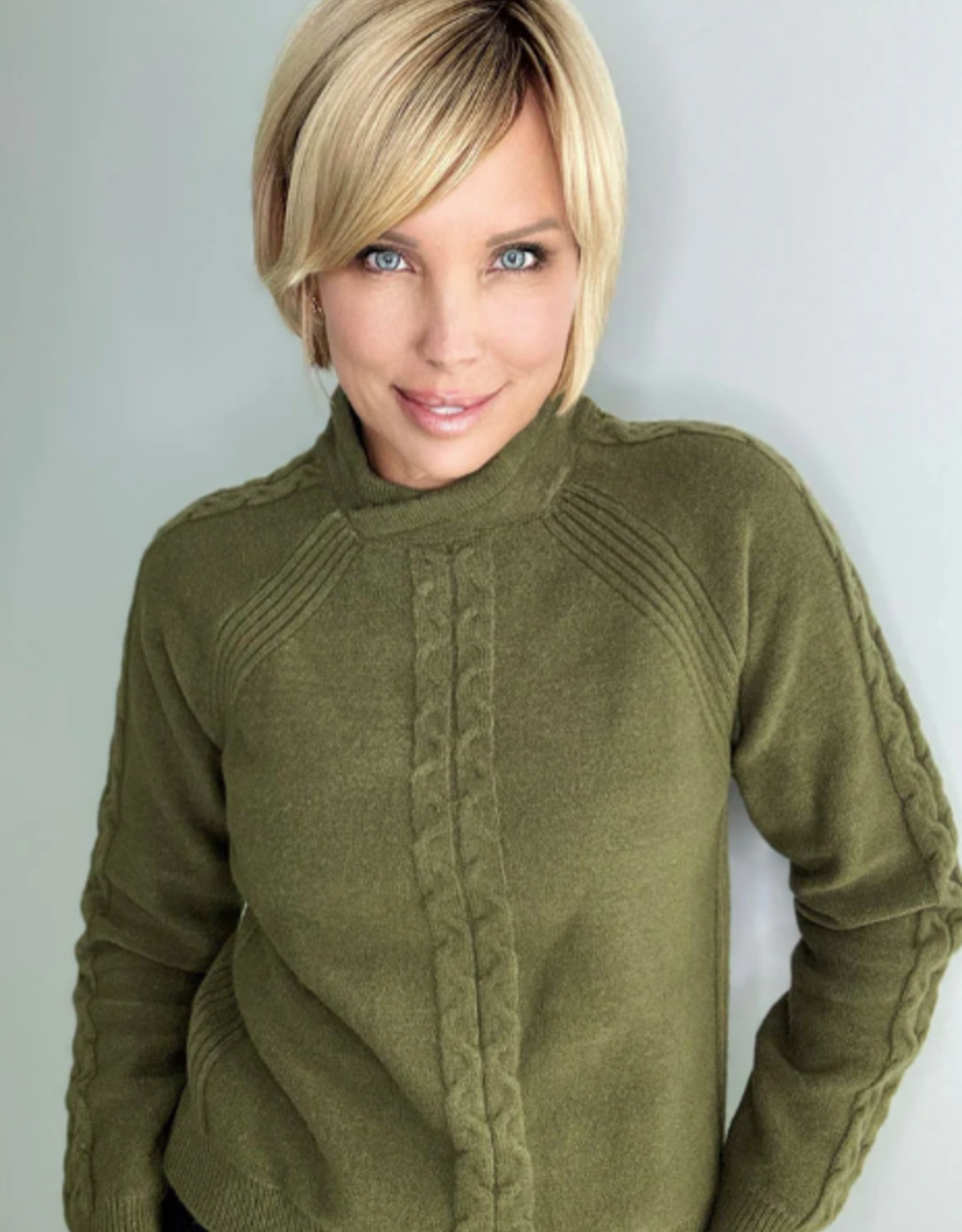 Ethyl Ethyl Olive Mock Neck Long Sleeve Cable Detail Sweater