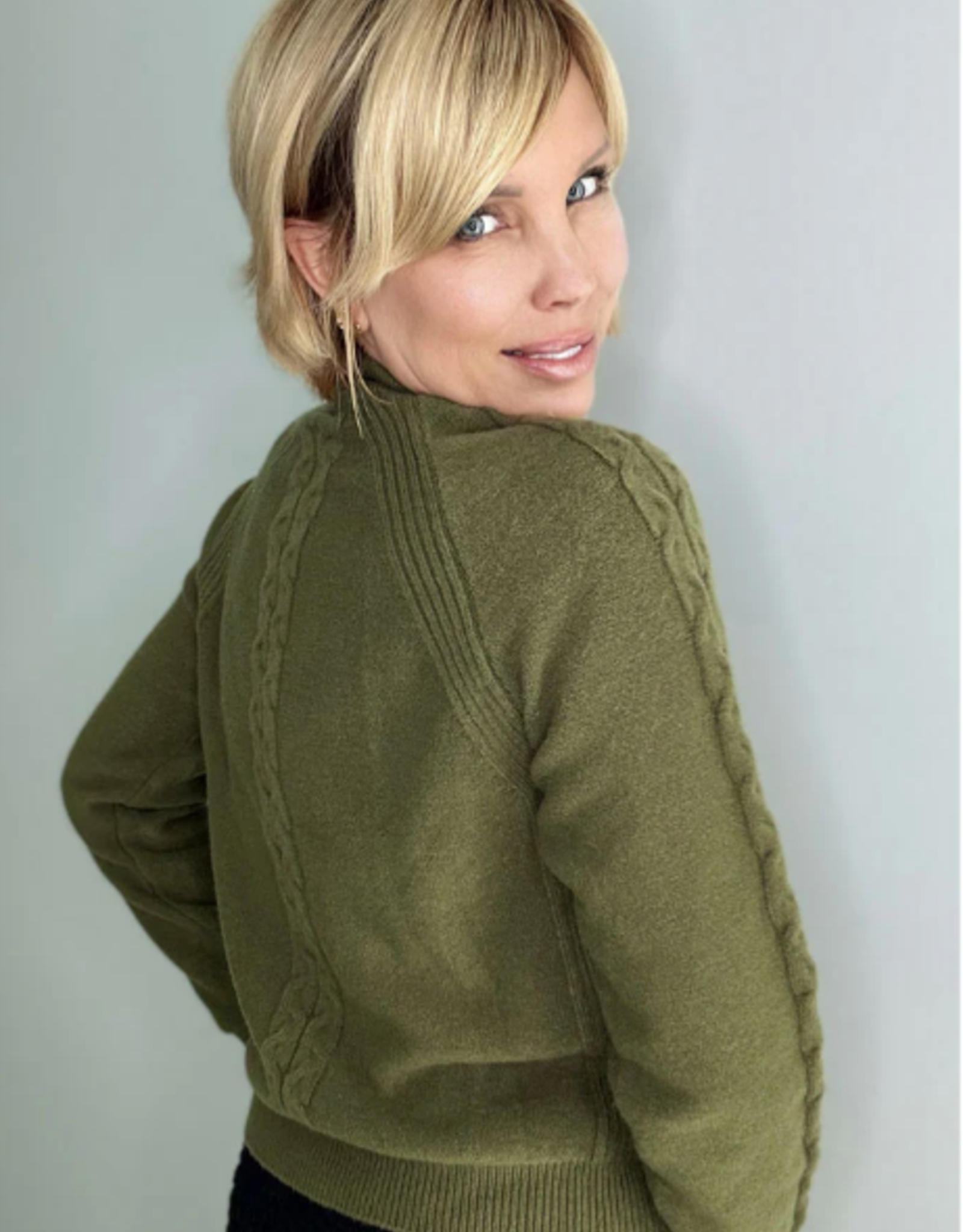 Ethyl Ethyl Olive Mock Neck Long Sleeve Cable Detail Sweater