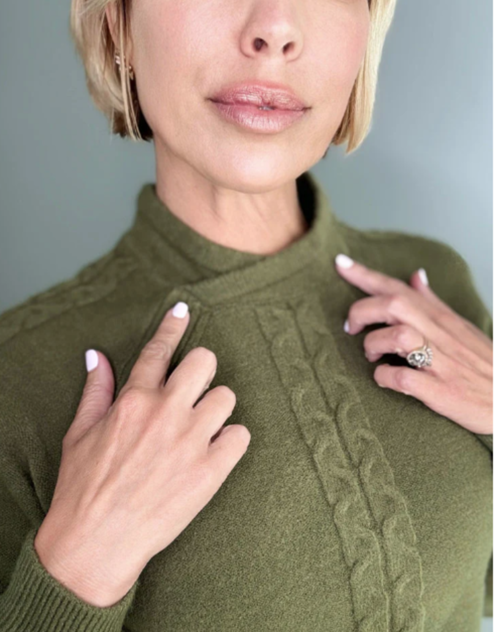 Ethyl Ethyl Olive Mock Neck Long Sleeve Cable Detail Sweater