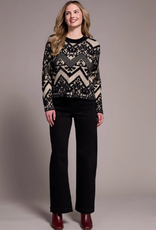 Tribal Tribal Tan/Bk Dbl-Knit Eyelash Crew Neck Long Sleeve Sweater