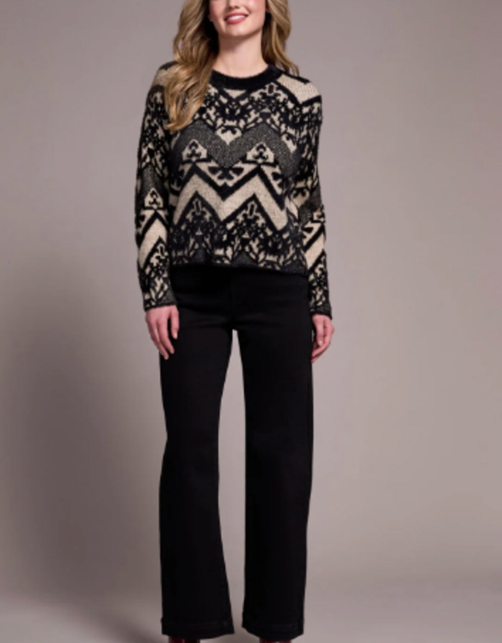 Tribal Tribal Tan/Bk Dbl-Knit Eyelash Crew Neck Long Sleeve Sweater