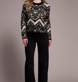 Tribal Tribal Tan/Bk Dbl-Knit Eyelash Crew Neck Long Sleeve Sweater