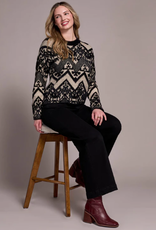 Tribal Tribal Tan/Bk Dbl-Knit Eyelash Crew Neck Long Sleeve Sweater