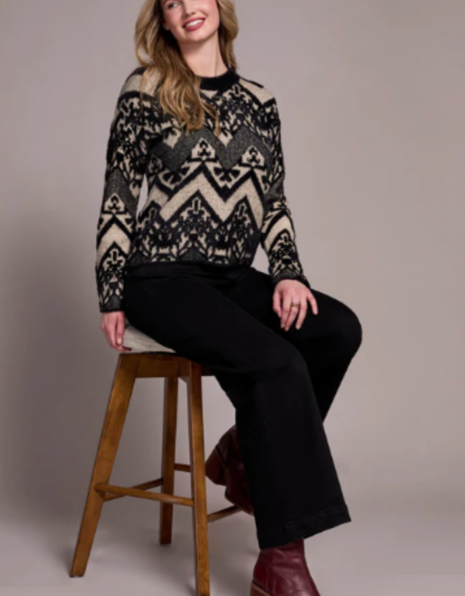 Tribal Tribal Tan/Bk Dbl-Knit Eyelash Crew Neck Long Sleeve Sweater
