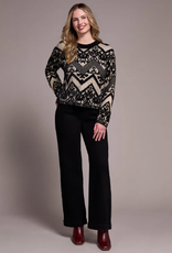Tribal Tribal Tan/Bk Dbl-Knit Eyelash Crew Neck Long Sleeve Sweater