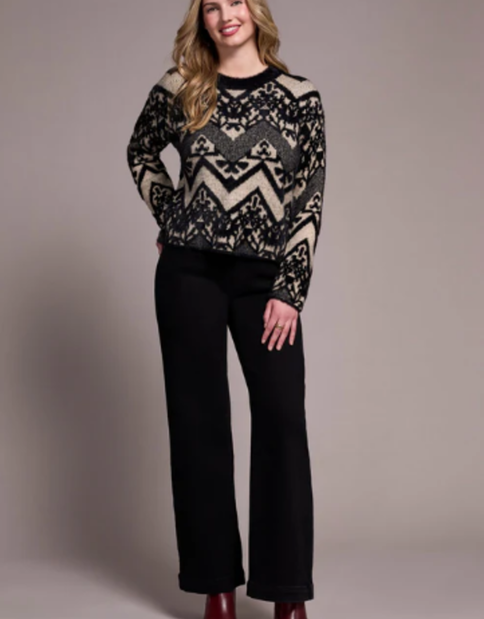 Tribal Tribal Tan/Bk Dbl-Knit Eyelash Crew Neck Long Sleeve Sweater