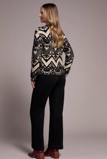 Tribal Tribal Tan/Bk Dbl-Knit Eyelash Crew Neck Long Sleeve Sweater