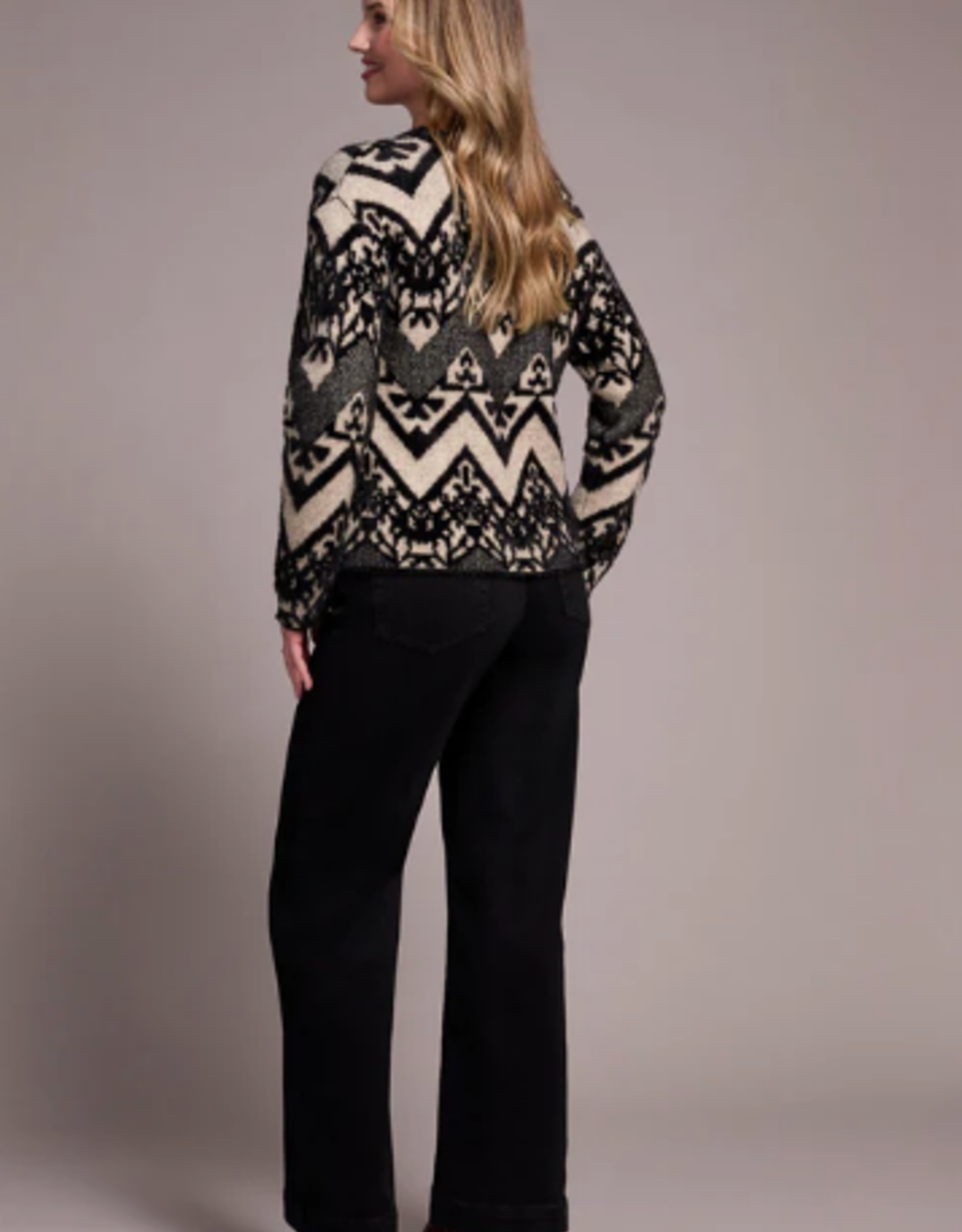 Tribal Tribal Tan/Bk Dbl-Knit Eyelash Crew Neck Long Sleeve Sweater
