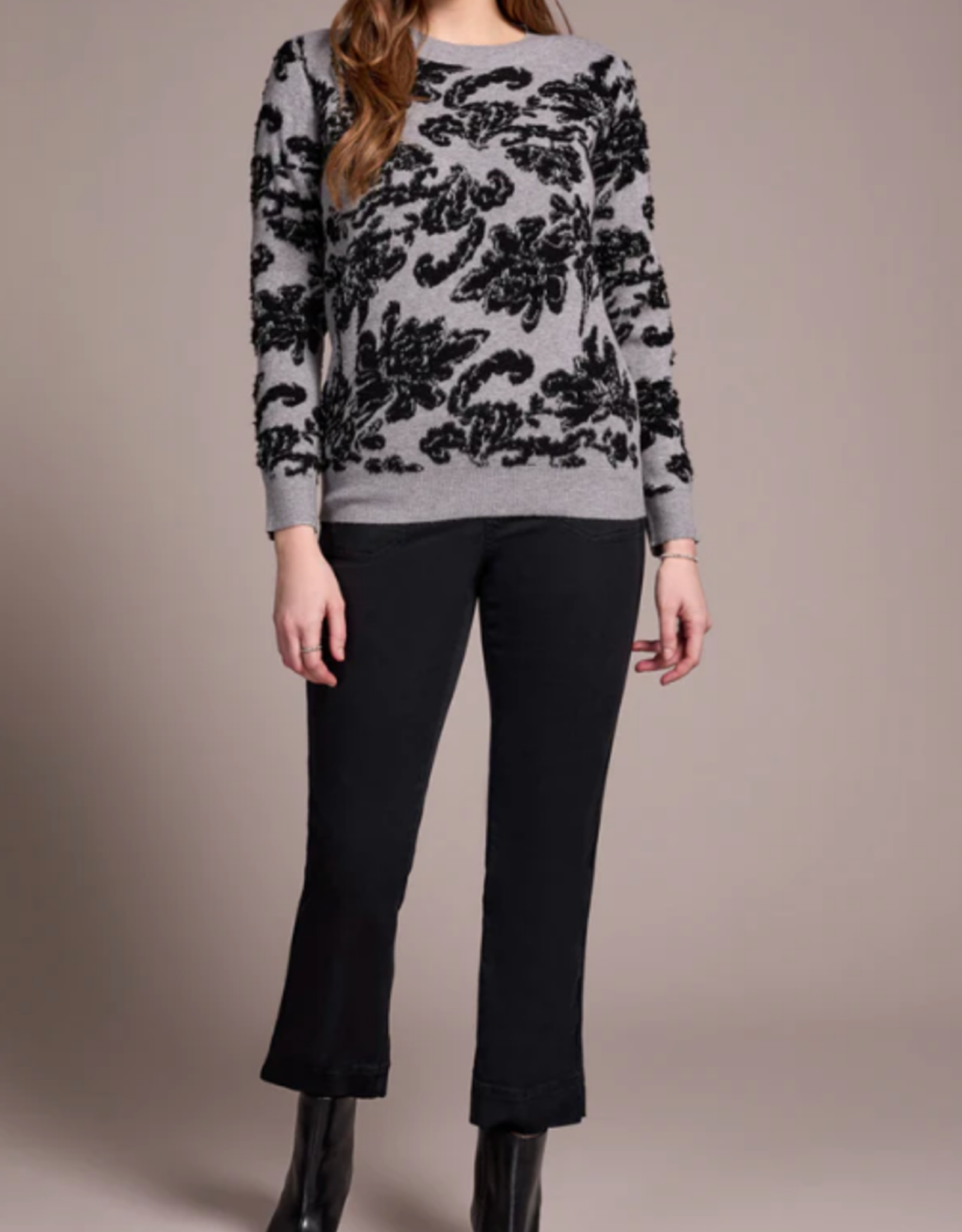 Tribal Tribal Grey/Bk Floral Crew Neck Long Sleeve Sweater