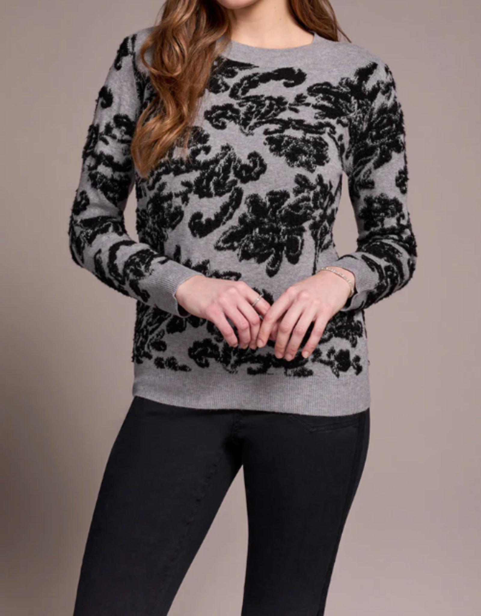 Tribal Tribal Grey/Bk Floral Crew Neck Long Sleeve Sweater