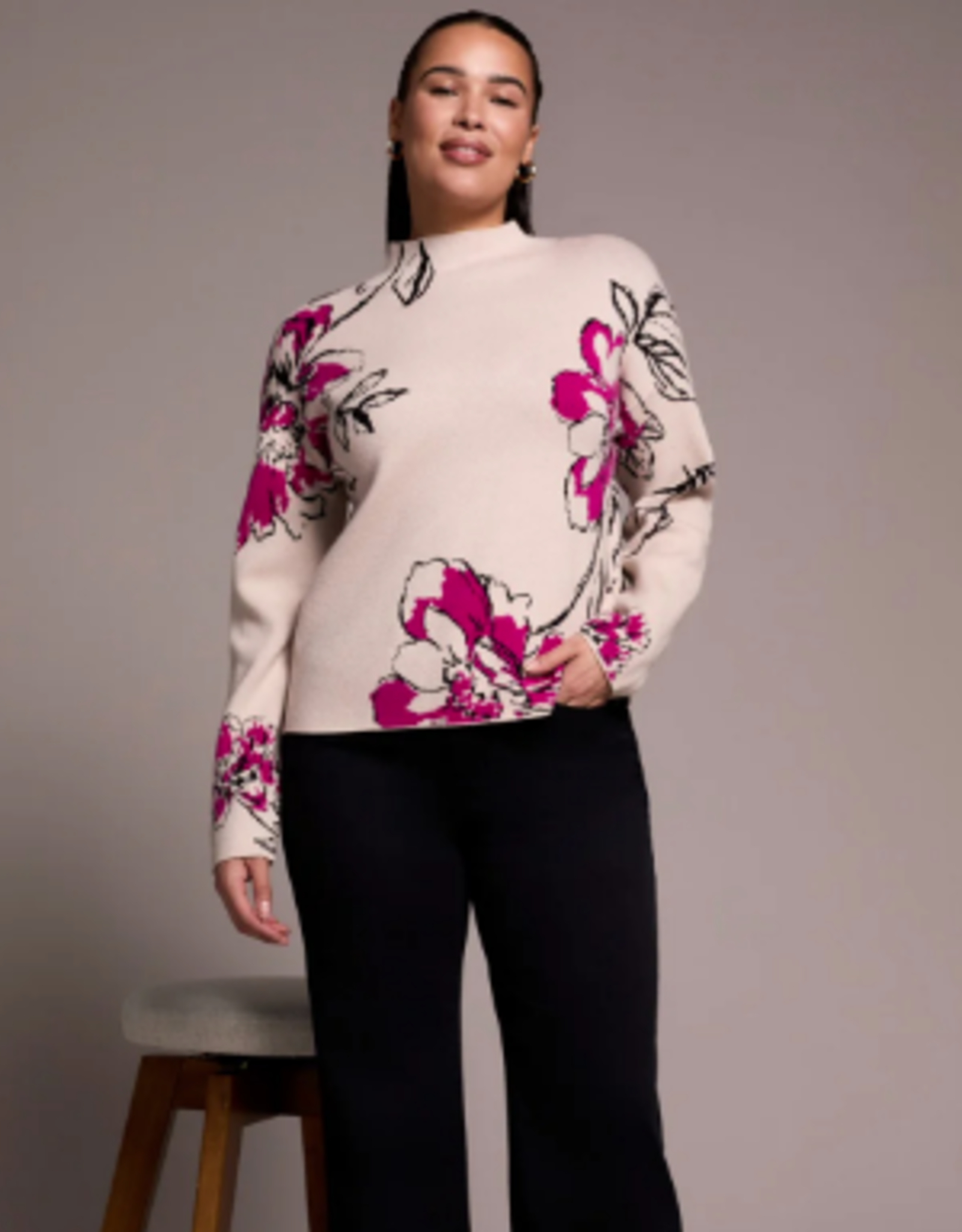 Tribal Tribal Pink Flambe Knit Jacquard Funnel Neck Sweater CO