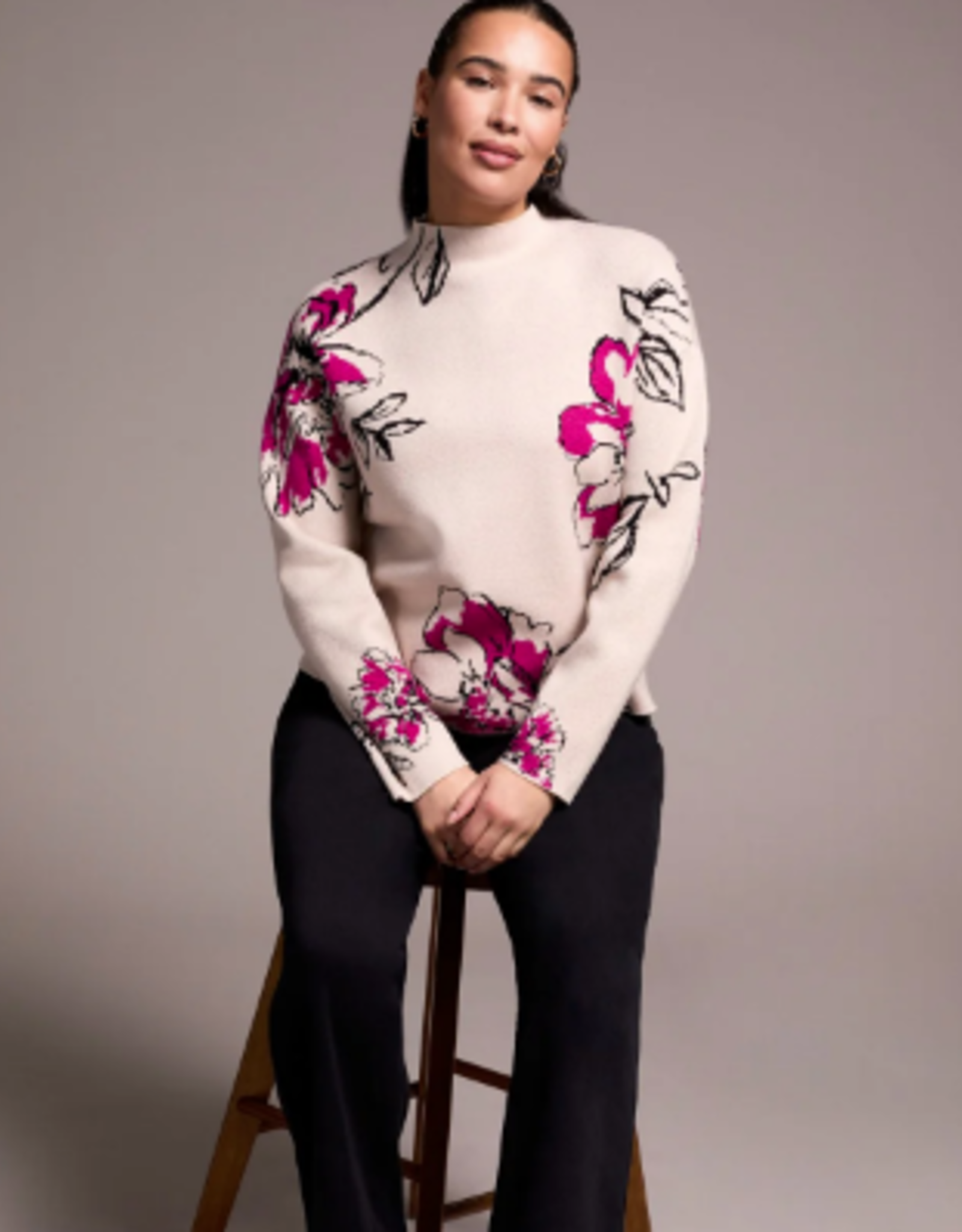 Tribal Tribal Pink Flambe Knit Jacquard Funnel Neck Sweater CO