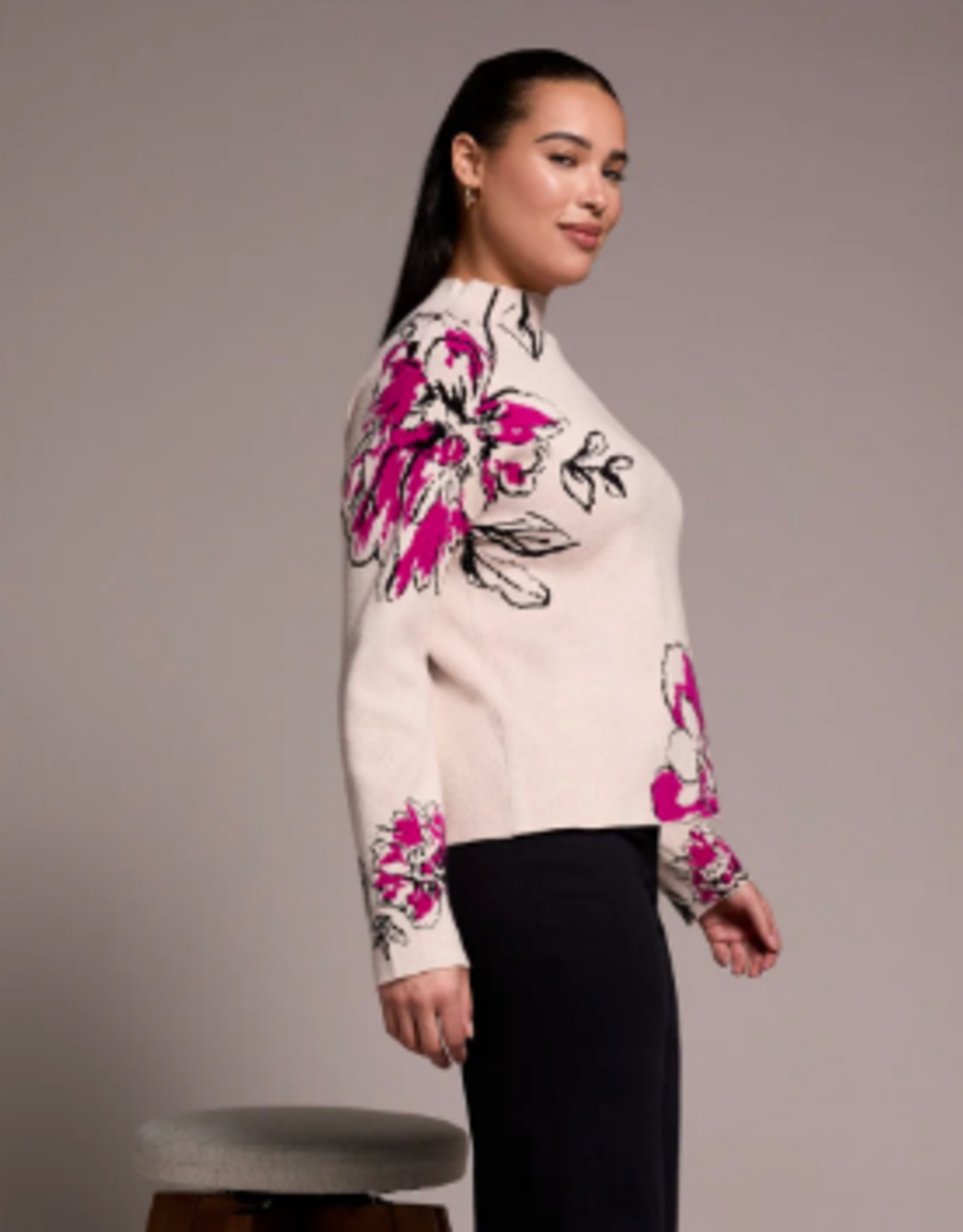 Tribal Tribal Pink Flambe Knit Jacquard Funnel Neck Sweater CO