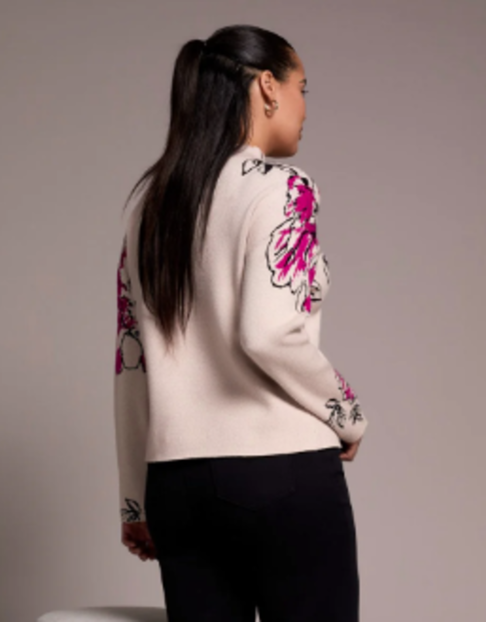 Tribal Tribal Pink Flambe Knit Jacquard Funnel Neck Sweater CO