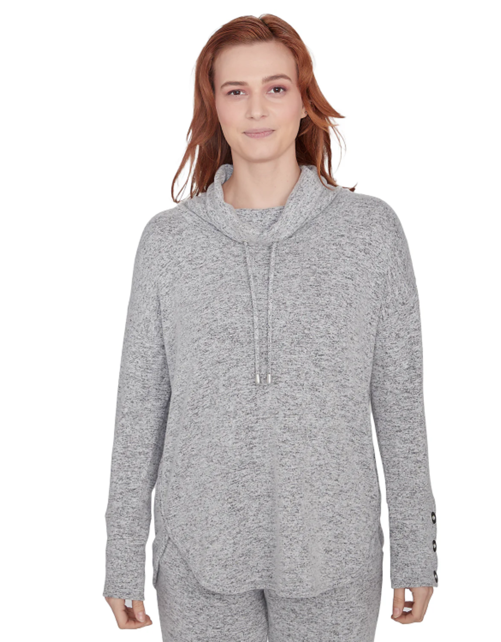 Ruby Road Ruby Road 28353 Hthr Grey Petite Cowl Neck Drawstring L/S w/Buttons Sweater BO