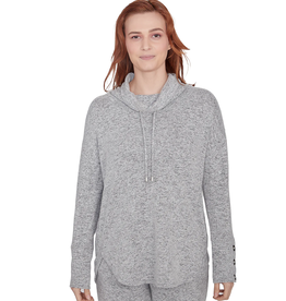 Ruby Road Ruby Road 28353 Hthr Grey Petite Cowl Neck Drawstring L/S w/Buttons Sweater BO