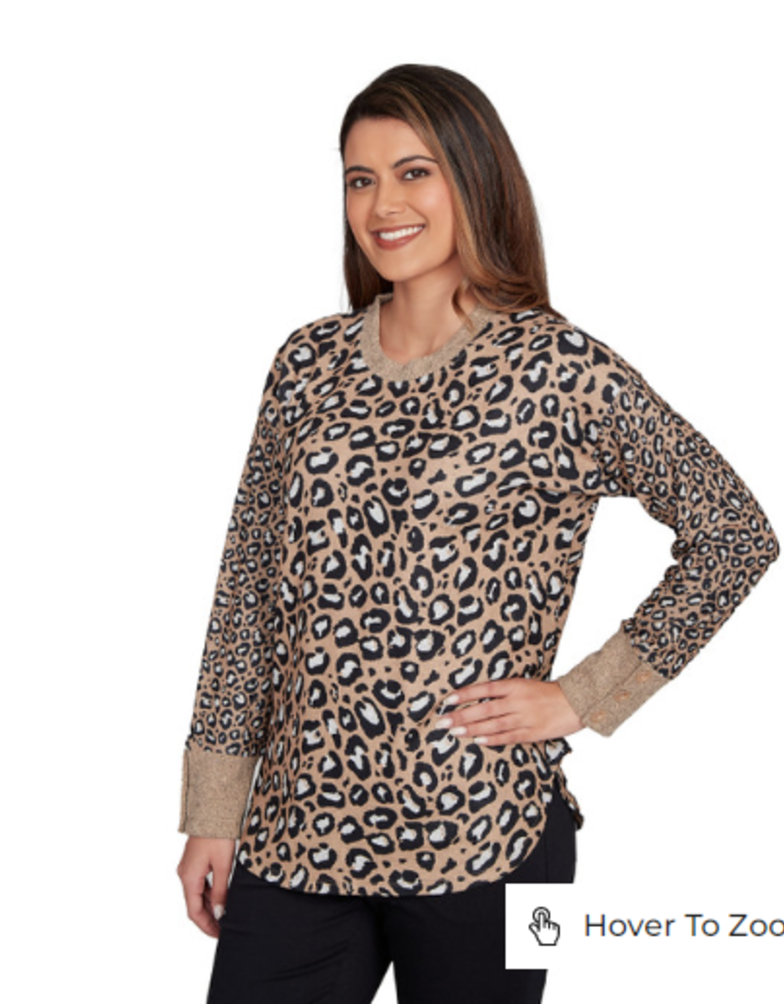 Ruby Road Ruby Road Leopard Petite Cowl Neck Drawstring L/S w/Buttons Sweater