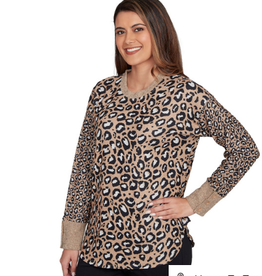 Ruby Road Ruby Road Leopard Petite Cowl Neck Drawstring L/S w/Buttons Sweater