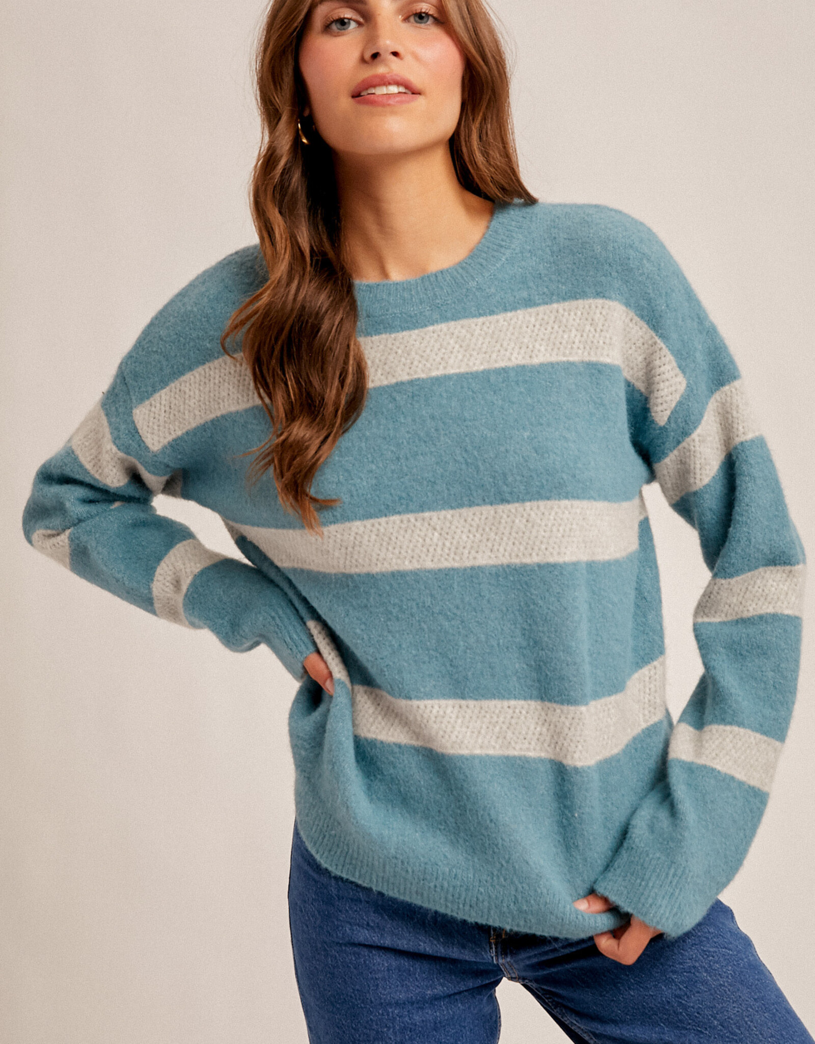 Hem & Thread Hem & Thread Aqua Blue/ Grey Round Neck Stripe Detail L/S Sweater LL