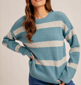 Hem & Thread Hem & Thread Aqua Blue/ Grey Round Neck Stripe Detail L/S Sweater LL