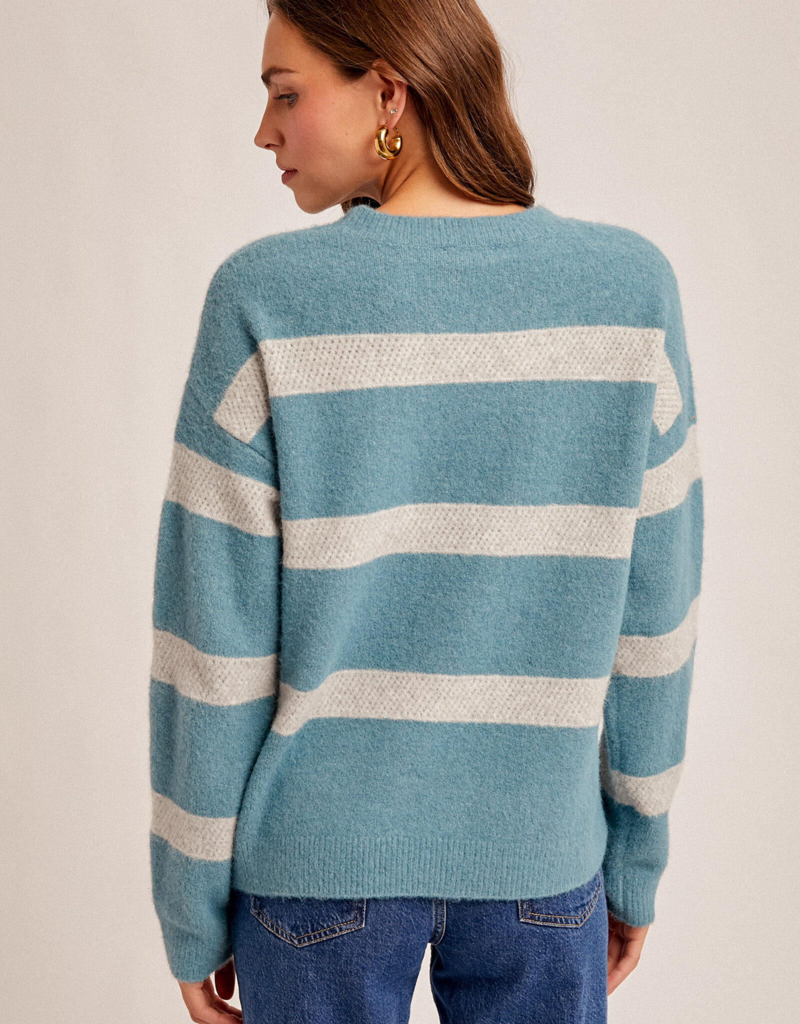 Hem & Thread Hem & Thread Aqua Blue/ Grey Round Neck Stripe Detail L/S Sweater LL