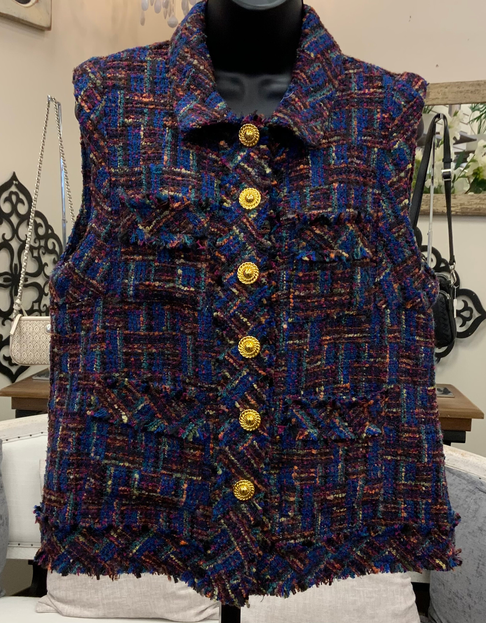 Sharon Young Inc A La Carte L35412VM Multi Color Button Front Vest w/Pockets