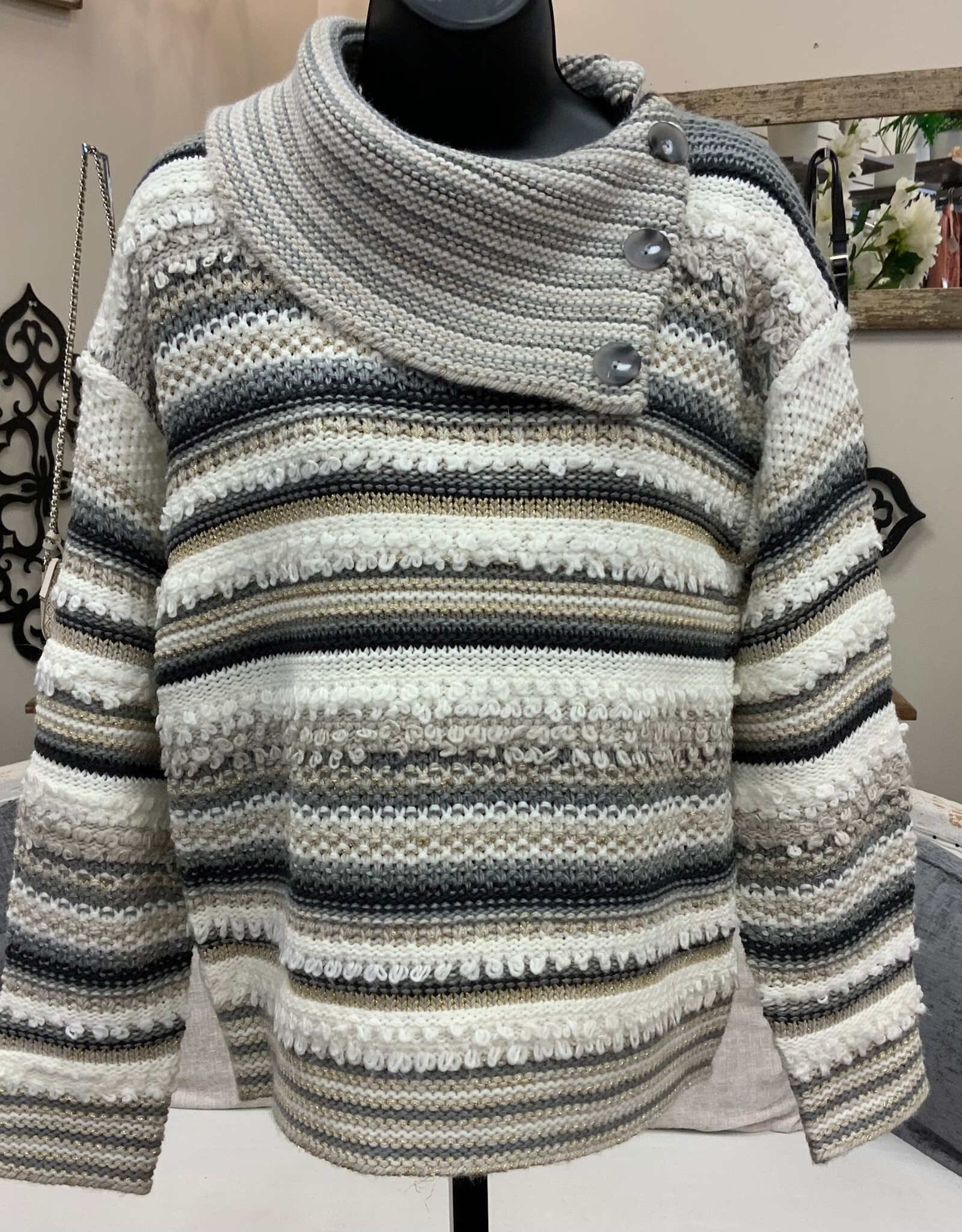 skyes the limit Skye's The Limit Egret Asymmetrical Neck Stripe Print Petite Sweater LO