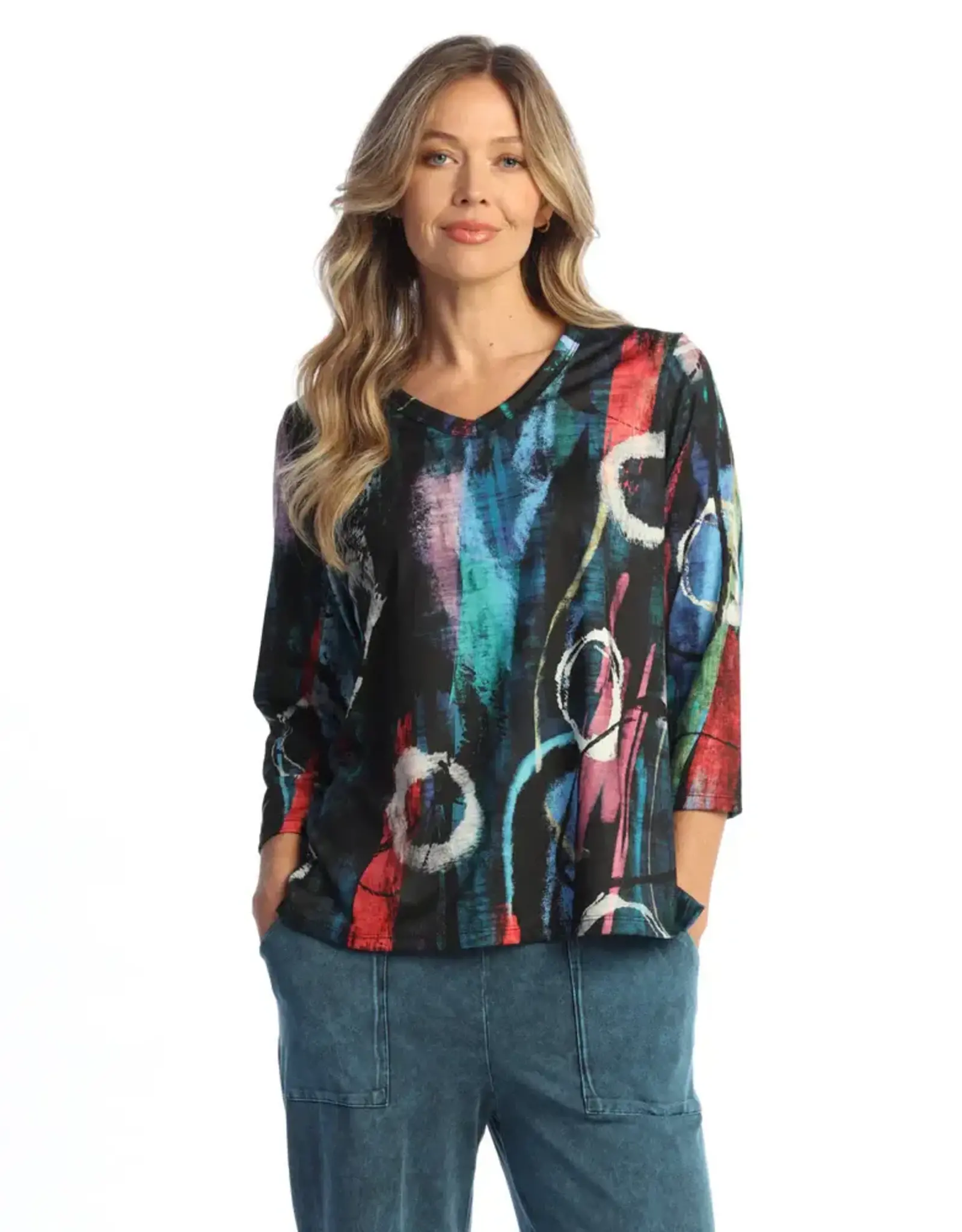 Jess & Jane Jess & Jane Multi Windsor V-Neck Top W/Side Slits