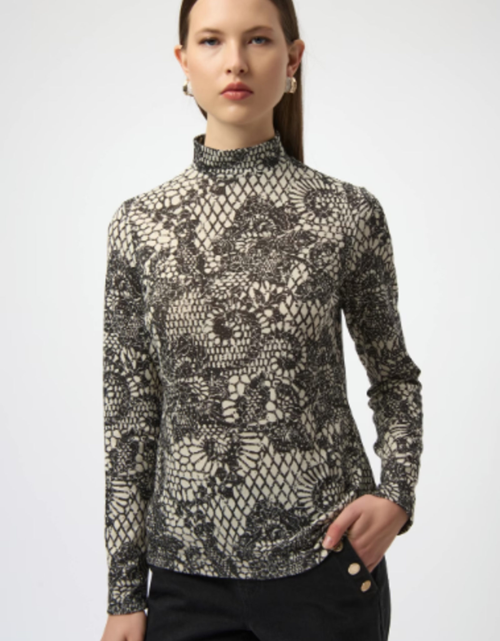 Joseph Ribkoff Joseph Ribkoff Winterwhite/Black High-Neck Patterned Top