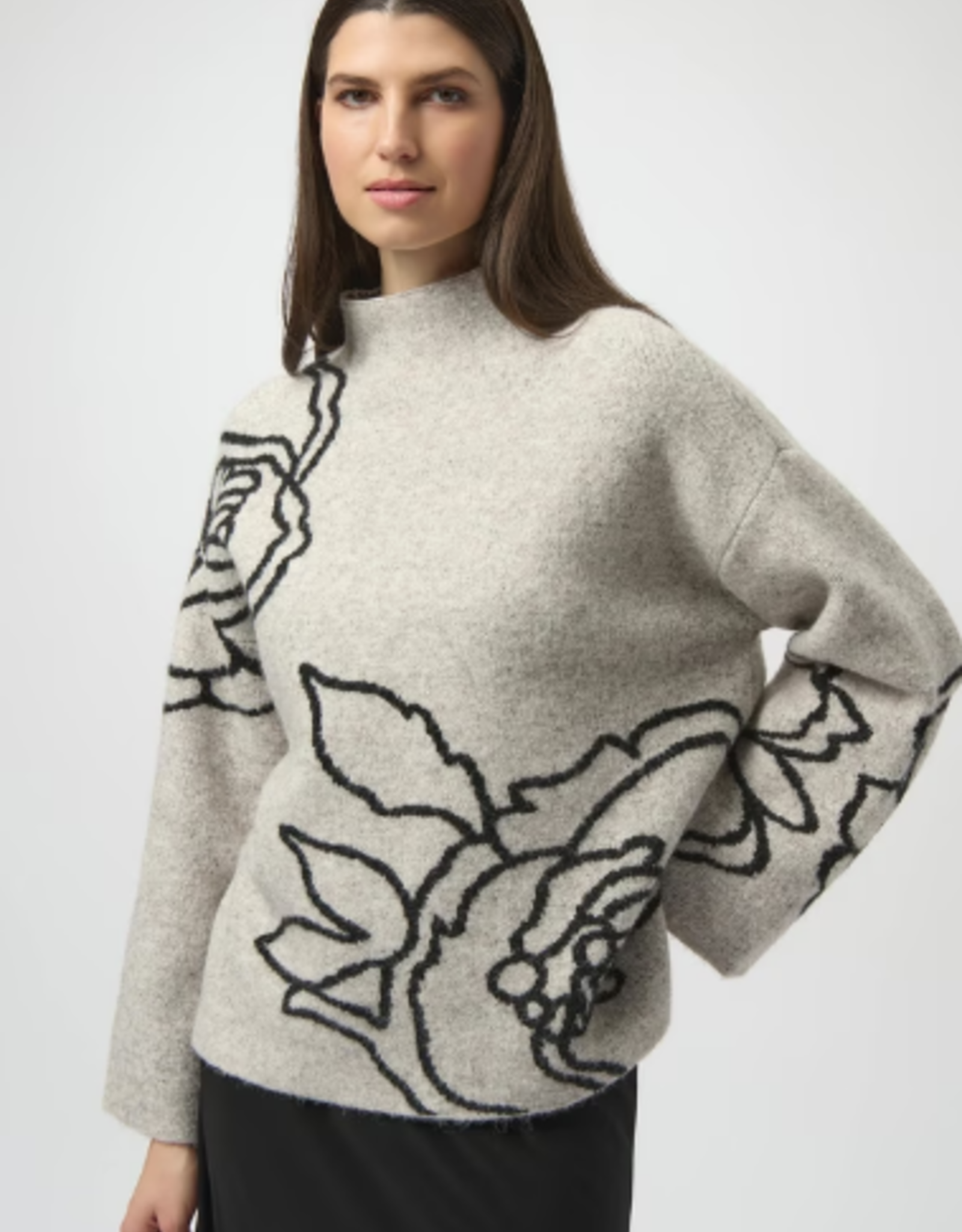 Joseph Ribkoff Joseph Ribkoff Oatmeal Floral Embroidered High-Neck Sweater