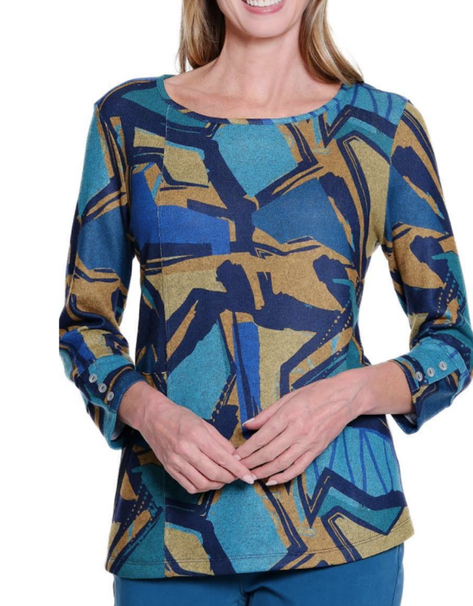 Sharon Young Inc Multiples  Abstract Print Round Neck 3/4 Sleeve Top  AA
