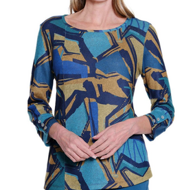 Sharon Young Inc Multiples  Abstract Print Round Neck 3/4 Sleeve Top  AA