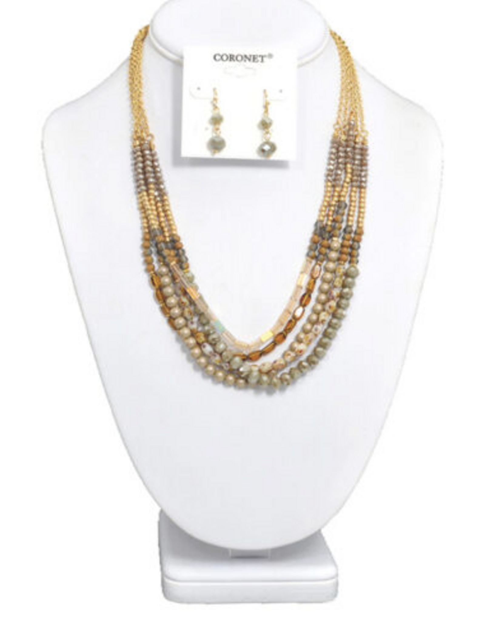 Coronet Jewelry Co Coronet 30055 5 Layer Gold/Brown Bead Earring and Necklace Set