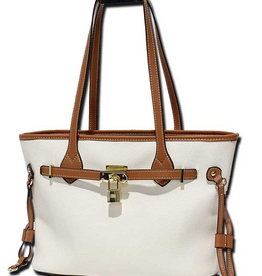 MC Handbags Corp. MC Handbags Ellie Cream Pebbled Grain Belt Lock Tote