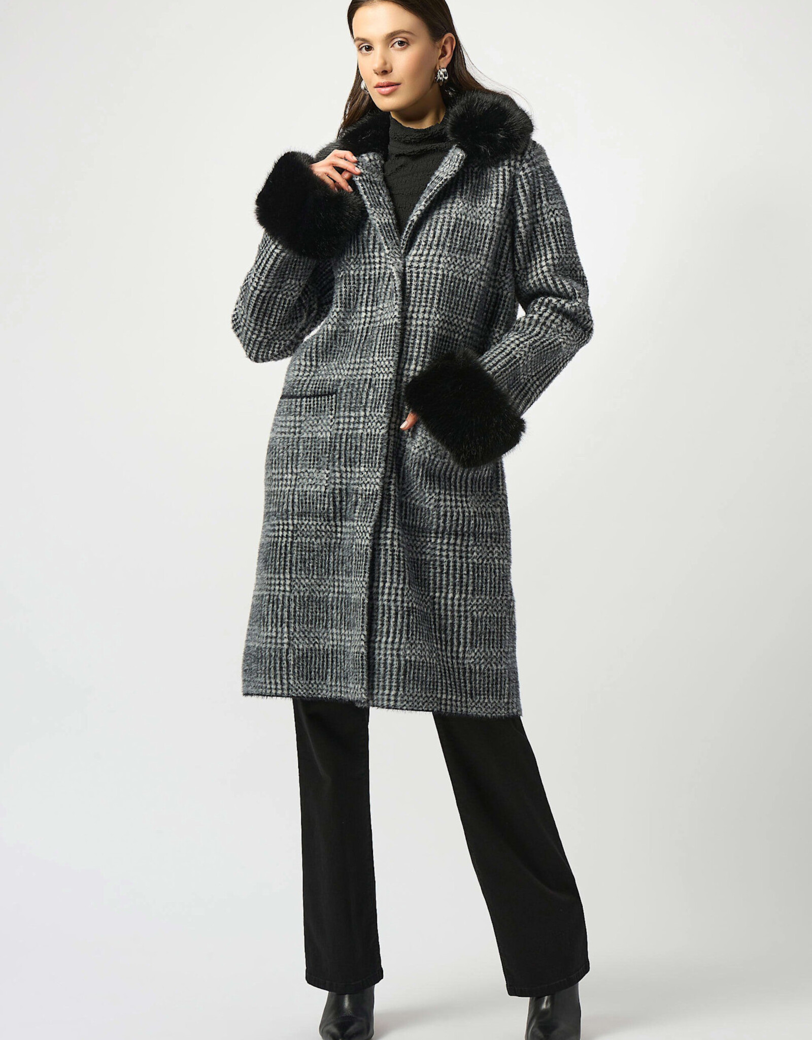 Joseph Ribkoff Joseph Ribkoff Blk/Wht Feather Yarn Plaid Jacquard Coat w/Faux Fur Trim