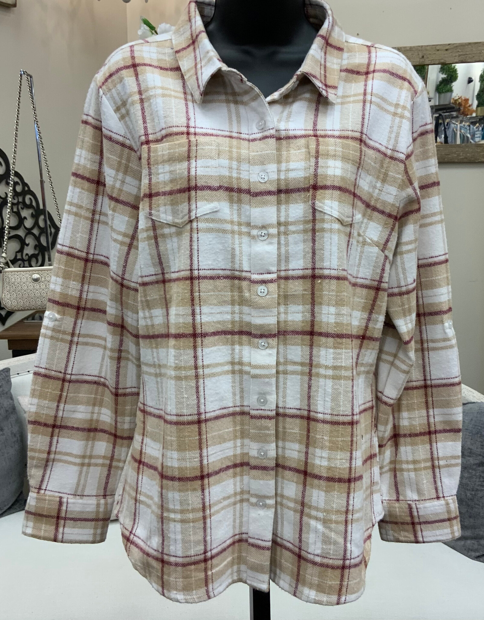 Karenhart Kerenhart  Burgandy  Plaid Button Up Flannel Top LK