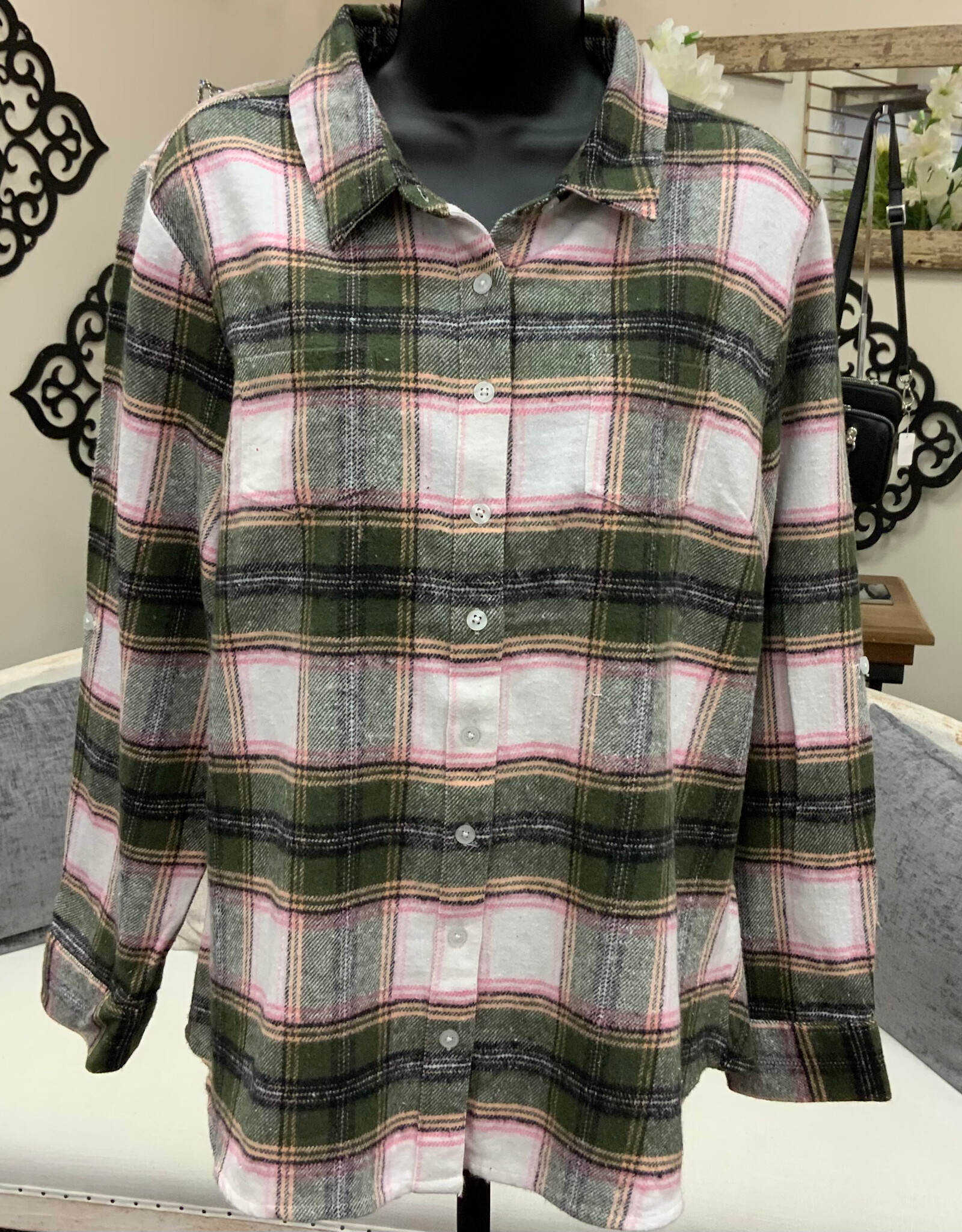 Karenhart Kerenhart Olive Plaid Button Up Flannel Top LK
