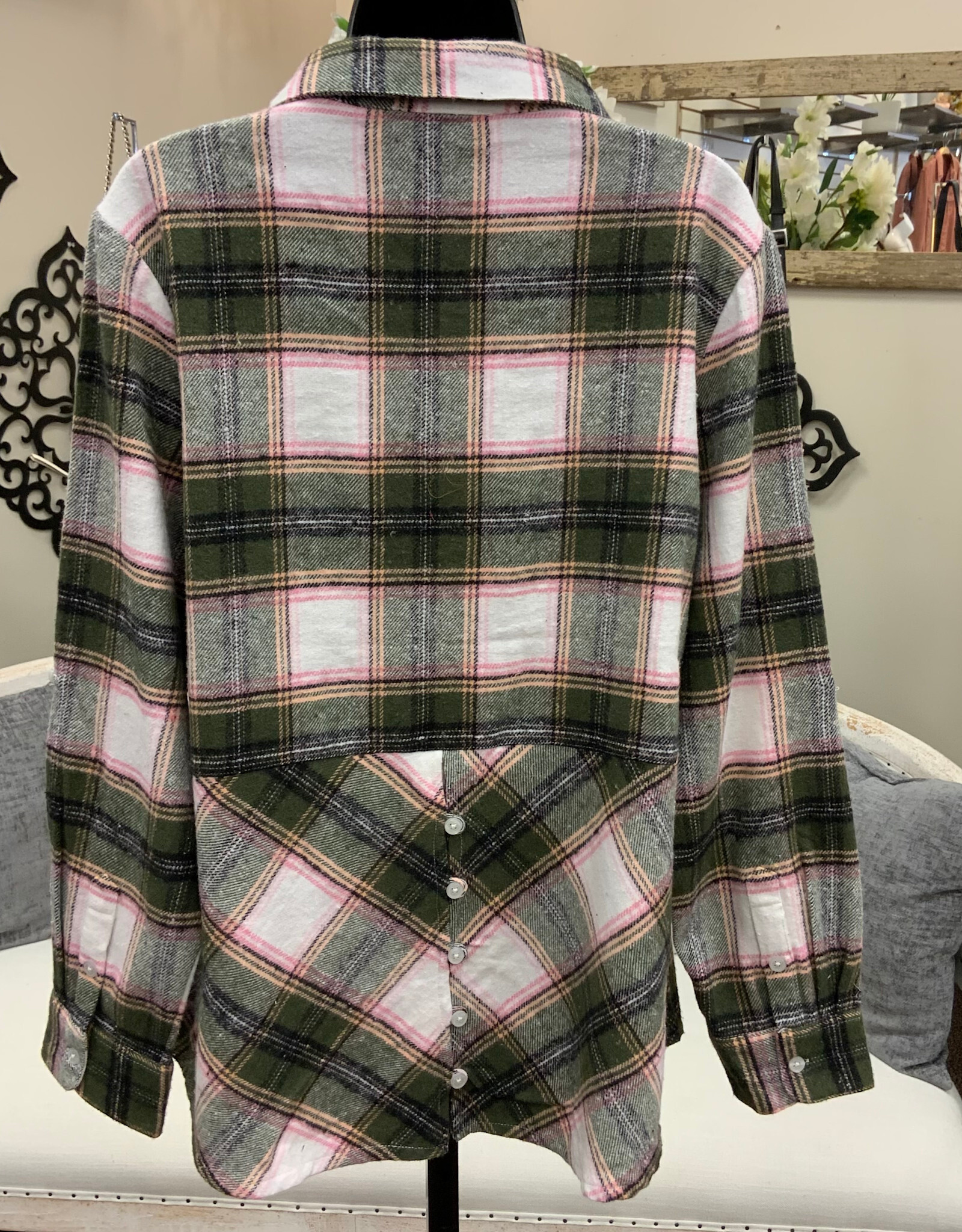 Karenhart Kerenhart Olive Plaid Button Up Flannel Top LK