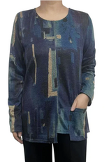 Creations Creation Blue Multi Print Crew Neck Long Sleeve Top w/Pocket Creations Creation Blue Multi Print Crew Neck Long Sleeve Top w/Pocket