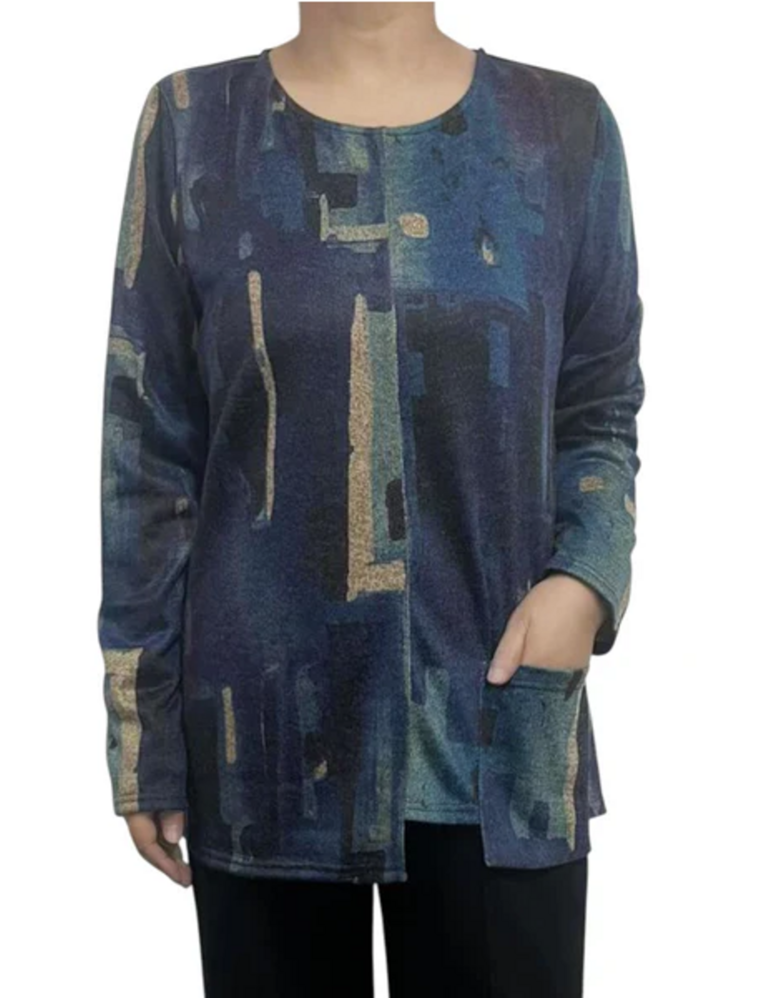 Creations Creation Blue Multi Print Crew Neck Long Sleeve Top w/Pocket