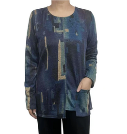 Creations Creation Blue Multi Print Crew Neck Long Sleeve Top w/Pocket