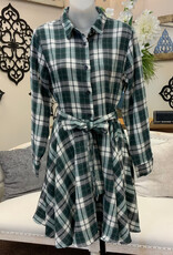 Papillon Papillon  Green Plaid Flare Shirt Dress with Tie Belt