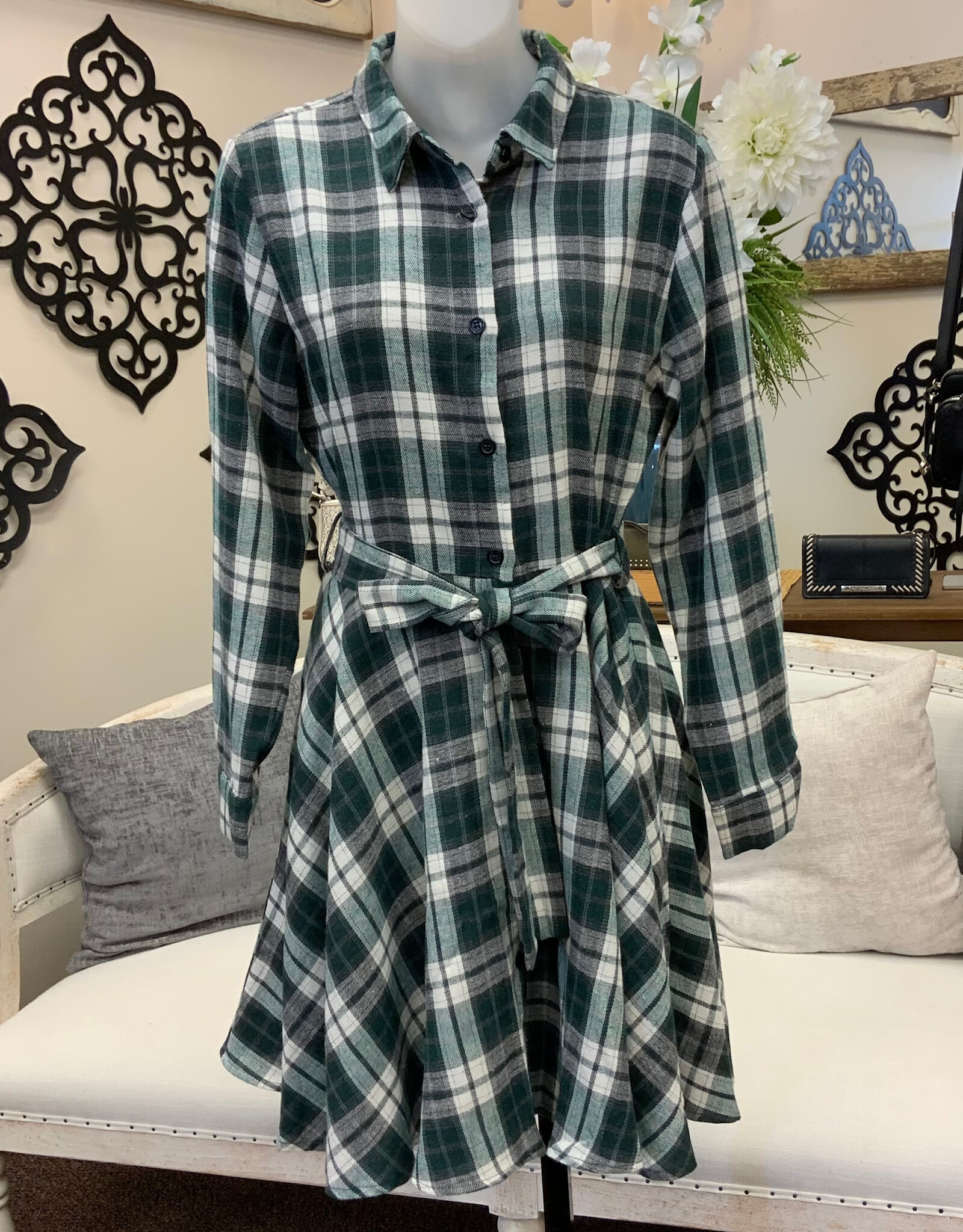 Papillon Papillon  Green Plaid Flare Shirt Dress with Tie Belt
