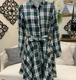 Papillon Papillon  Green Plaid Flare Shirt Dress with Tie Belt
