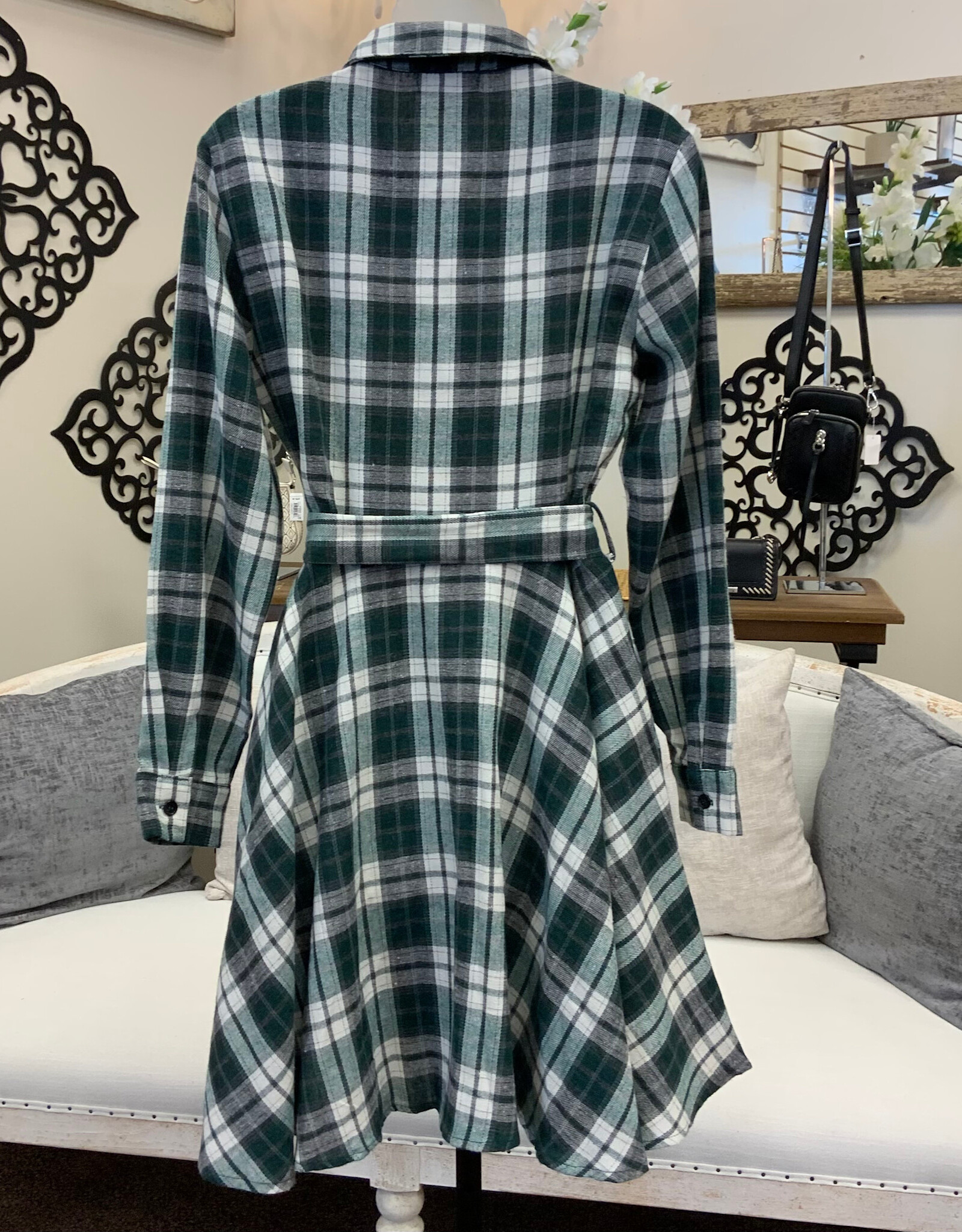 Papillon Papillon  Green Plaid Flare Shirt Dress with Tie Belt