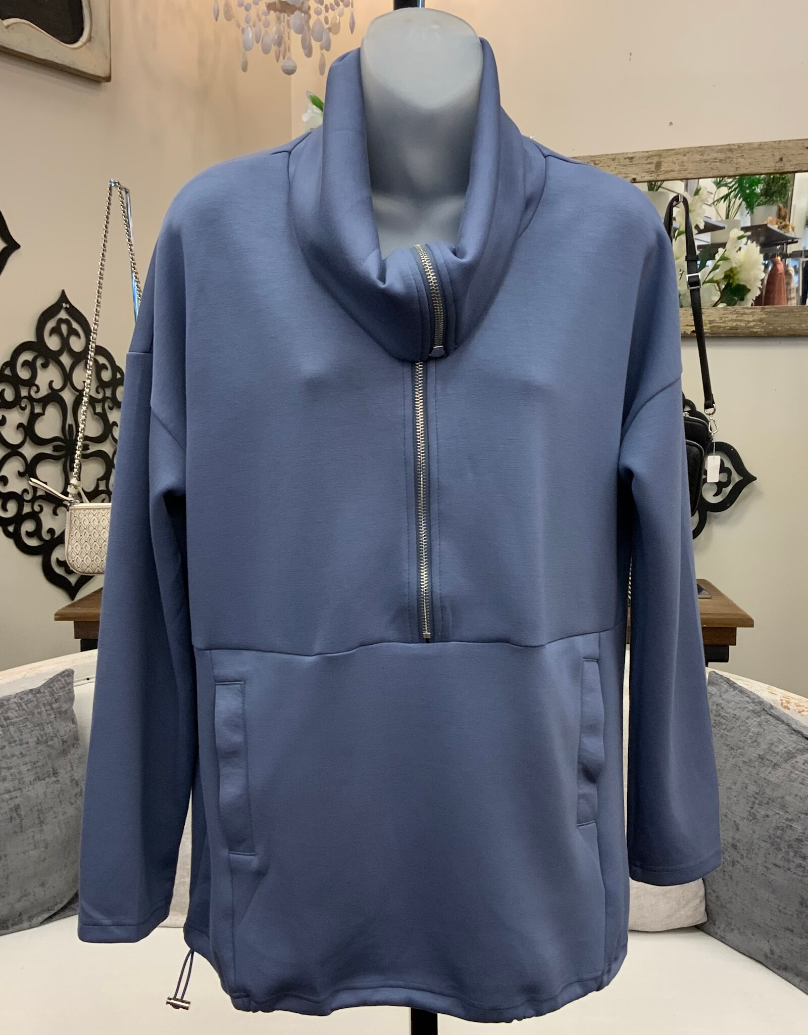 Creation Creation Denim Blue 1/4 Zip Scuba Fabric Pull Over Top