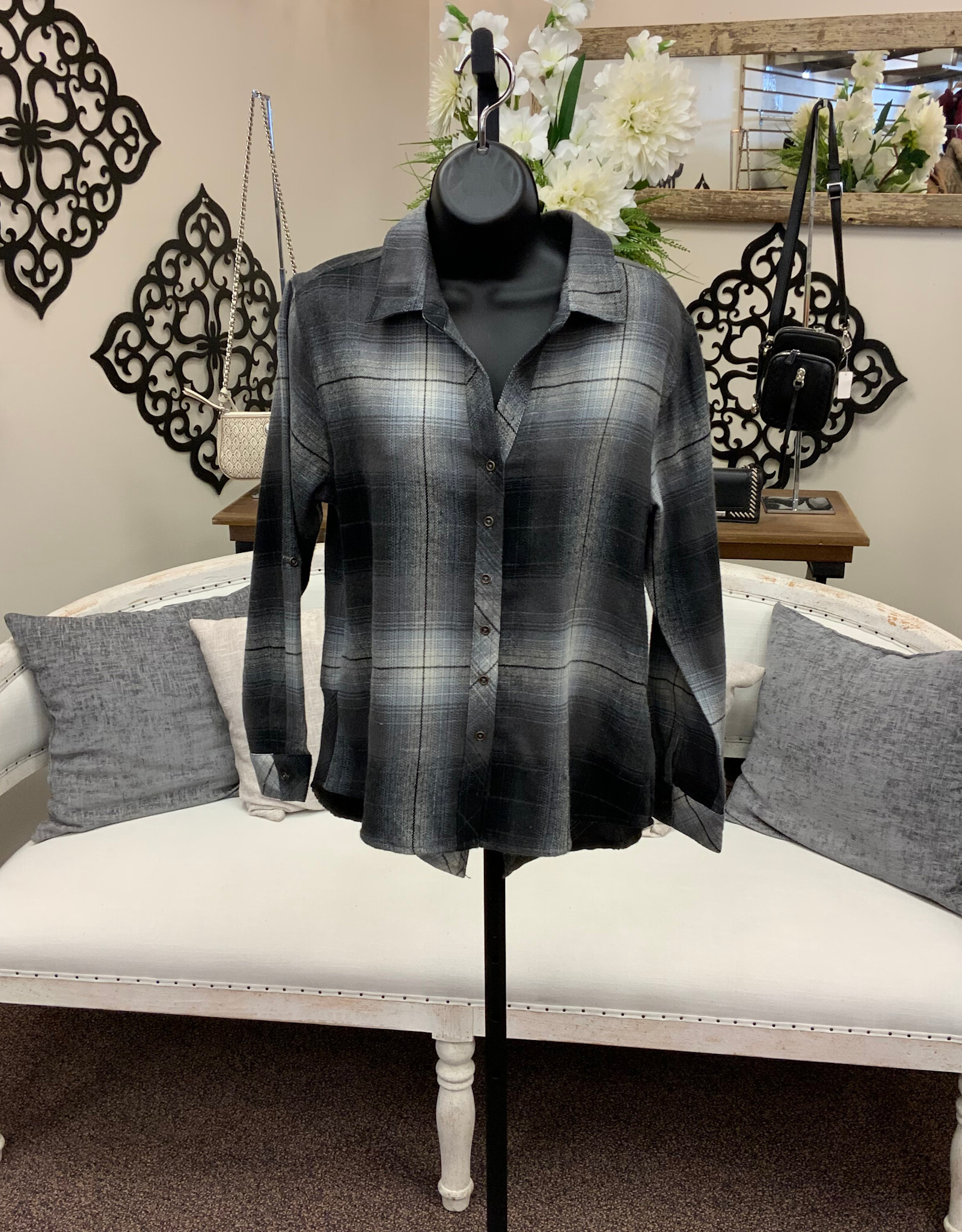 kerenhart Kerenhart  Dark Grey Plaid Flannel Button Up Top